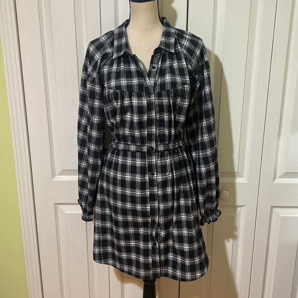 Chelsea & Violet Plaid Band Collar Drawstring Shirt Dress